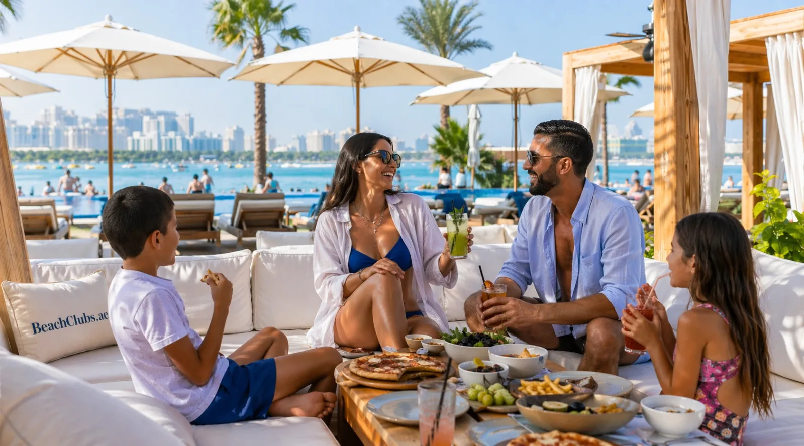 Family enjoying a luxury beach club experience in Dubai